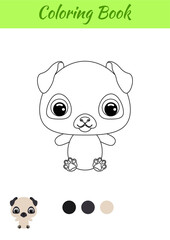 Coloring book little baby pug dog sitting. Coloring page for kids. Educational activity for preschool years kids and toddlers with cute animal. Black and white vector stock illustration.