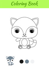 Coloring book little baby wolf sitting. Coloring page for kids. Educational activity for preschool years kids and toddlers with cute animal. Black and white vector stock illustration.