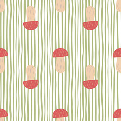 Decorative seamless pattern with red fungus mushroom silhouettes. Green and white striped background.