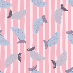 Pastel seamless doodle pattern with blue pale persimmon slice silhouetes. Pink striped background.