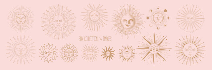 Vector illustration set of moon phases. Different stages of moonlight activity in vintage engraving style. Zodiac Signs