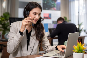 Call center and customer service team support for information operator at work.  People woman...
