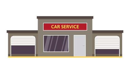 Car service and repair building with two opened gray garages. automechanic workshop with red sign. Vector illustration isolated on white.