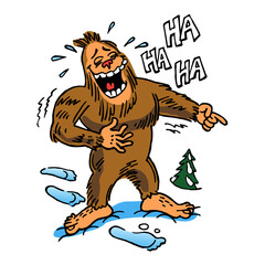 Bigfoot laughs and points a finger, winter joke, color cartoon