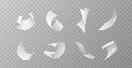 Flying papers set. Blank white paper sheet falling down, scattered notes with curved pages corners, realistic clean empty office documents in air mockup, 3d vector isolated template