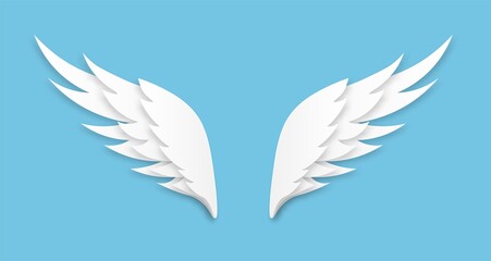 Origami wings. White paper cut angel logo, flying feathers decoration of heaven bird, layered papercut shape, freedom symbol, heraldic vector isolated on blue background emblem