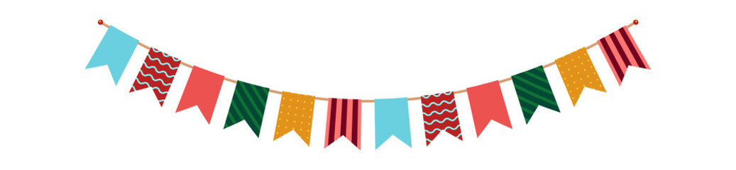 Party bunting. Flags garland with ornament decor, multicolor carnival festive hanging pennants, paper accessories for celebration, party decoration vector isolated single illustration