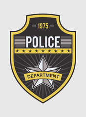 Police medallion. Security and federal agent back identity badge with star shape. Sheriff, marshal and detective officer clothes label, military uniform insignia vector illustration