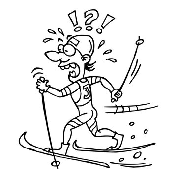 Cross-country skier rides the race with all his might to the finish line, black and white cartoon
