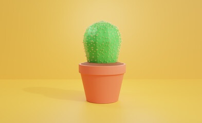 3D render cactus in pot on yellow background modern concept.