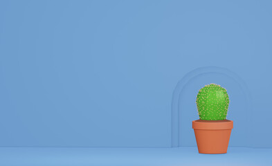3D render cactus in pot on blue background modern concept.