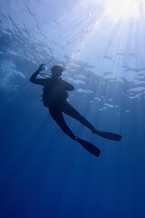 Life-giving sunlight underwater. Sun beams shinning underwater and Scuba diver woman silhouette in...
