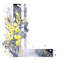 Watercolor Letter L «Shadows and sunlights». Colors of the Year 2021 - Ultimate Gray and  Illuminating Yellow. Yellow apples, grey blots and golden/white/yellow splashes.  Monogram L.