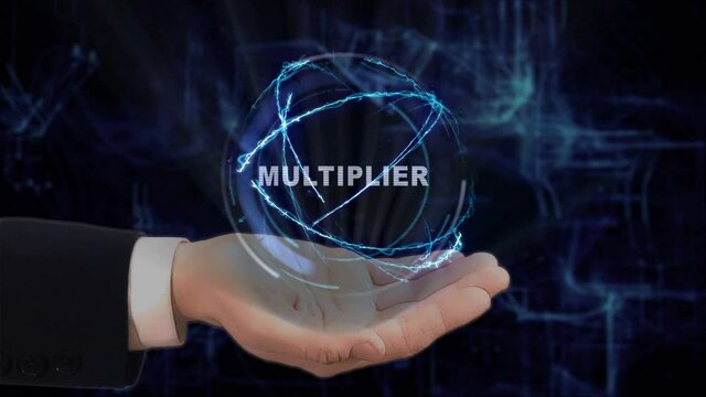 Painted hand shows concept text Multiplier hologram on his hand. Drawn man in business suit with future technology screen and modern cosmic background