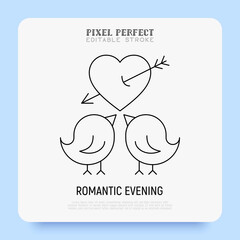Fototapeta premium Valentine day. Two birds in love super thin line icon. Pixel perfect, editable stroke. Vector illustration for romantic date, wedding.
