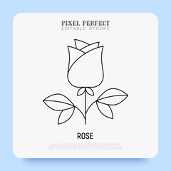 Rose super thin line icon, romantic gift on Valentine day. Pixel perfect, editable stroke. Vector illustration.