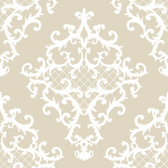 Seamless baroque style damask ornamental pattern. Hand drawn beige and white texture