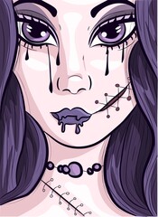 Old broken doll with stitches and messy mascara conceptual art. Pastel goth woman with purple hair and big eyes. Closeup avatar of a milennial girl.