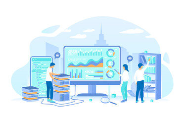 People analyze a lot of information. Working process, teamwork communication. Big Data Processing, Infographic, Analysis, Analytics, Financial reporting. Vector illustration flat style.