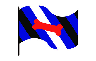 Vector illustration of waving Puppy pride flag on white background: blue, white and black stripes with a red bone. A symbol of the puppy fetish community.