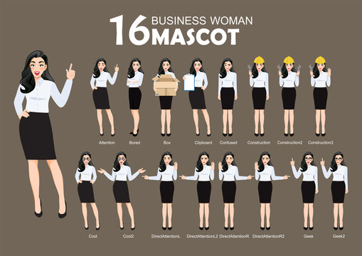 16 Business Woman Mascot, cartoon character style poses set vector illustration