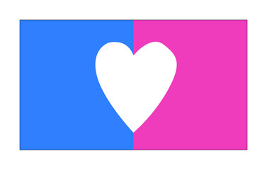 Vector illustration of flat straight cisgender pride flag on white background: blue and pink vertical equal lines and a white heart in the centre of the flag. Straight cisgender community symbol.