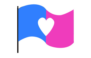 Vector illustration of waving straight cisgender pride flag on white background: blue and pink vertical equal lines and a white heart in the centre of the flag. Straight cisgender community symbol.