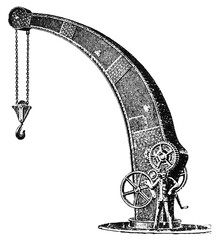 Toothed wheel crane for lifting loads. Illustration of the 19th century. Germany. White background.