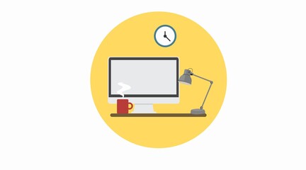 Vector Isolated Illustration of a Workspace, with a Computer, a Cup of Coffee, a Desk Lamp and a Clock. Workspace Flat Icon