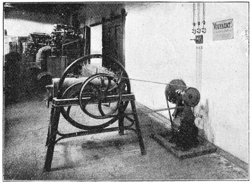 Electric shredding machine, Ganz system. Illustration of the 19th century. Germany. White background.