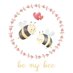 couple of bees in love, cute valentine's day card, watercolor illustration