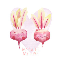 cute cartoon card, beetroot in love, childrens valentine's day illustration