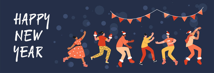 Young people dancing in the New year's party. The concept of a holiday, carnival, festival. People from all over the world celebrate Christmas and New year. Vector illustration