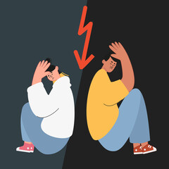 Sad lovers sit with their backs to each other. The concept of quarrels and resentments, conflict. An unhappy young family. Vector illustrations