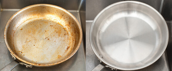 Compare image before and after cleaning the unclean able stained pot from burnt cooking pan. The dirty stainless steel pan with the clean pan clean shiny bright like new in the kitchen sink.