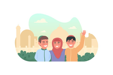 Happy muslim children 2D vector web banner, poster. Ramadan celebration. Arabian kids together flat characters on cartoon background. Indian culture printable patch, colorful web element