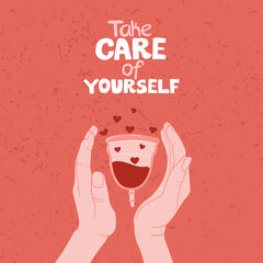 Womens hands holding menstrual cup with red drops. Vector cartoon illustration on red background. Menstrual and zero waste concept. Eco protection for woman in critical days.