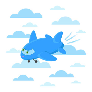 Cute cartoon airplane illustration on the sky with clouds. Aircraft funny character. Landing plane concept.