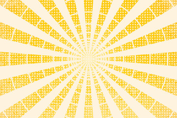 horizontal vector illustration of a grunge background of yellow color. divergent rays. the simulation of old printed materials. circular texture