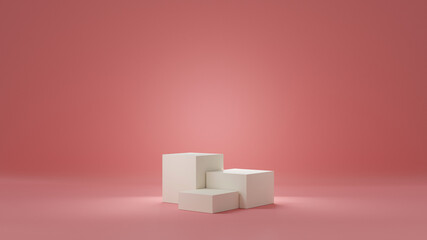 Pink gradient studio with white or champagne pedestals for displaying products. Blank podium for advertising. 3D rendering.