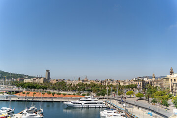Fototapeta premium Many white yachts are moored in the port of Barcelona on a sunny summer day