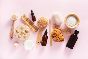 zero waste eco friendly hygiene bathroom concept. wooden toothbrush soap brush cosmetic