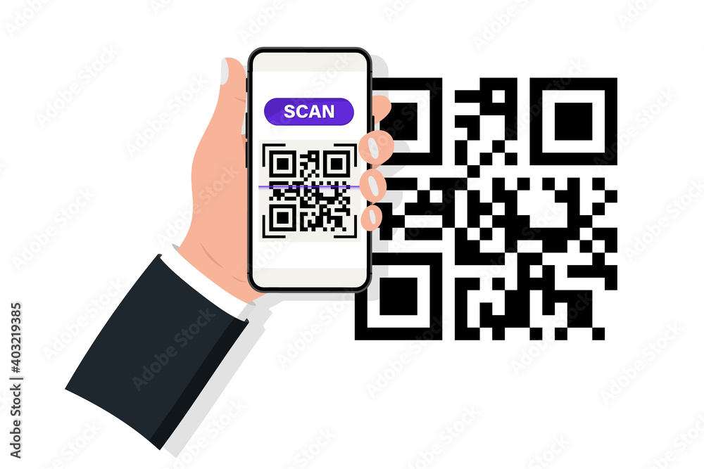 Poster hand holding smartphone with qr code scanner. qr code scanner. scanning qr code, barcode on mobile p