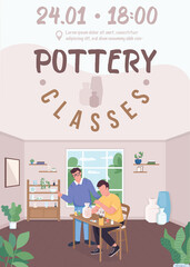 Pottery classes poster flat vector template. Creating different things from clay. Brochure, booklet one page concept design with cartoon characters. Learning to make custom pots flyer, leaflet