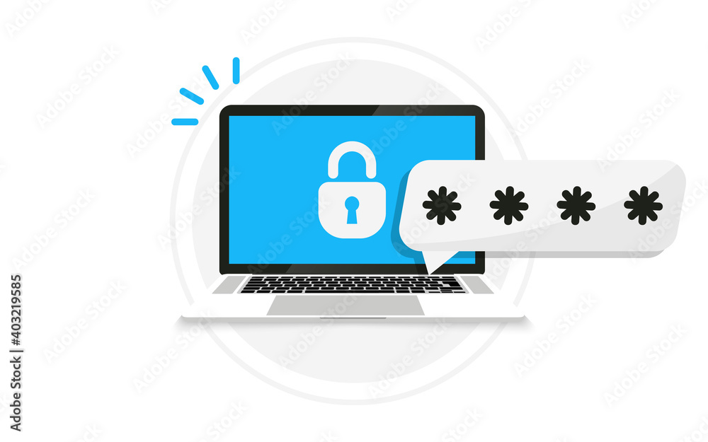 Poster laptop with password notification and lock icon. password secure access on laptop for landing page, 