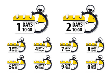Days Left Badges and Stickers. Count time sale. Number of days left. Countdown left days banner. Count down vector banner template. Nine, eight, seven, six, five, four, three, two, one, zero days left