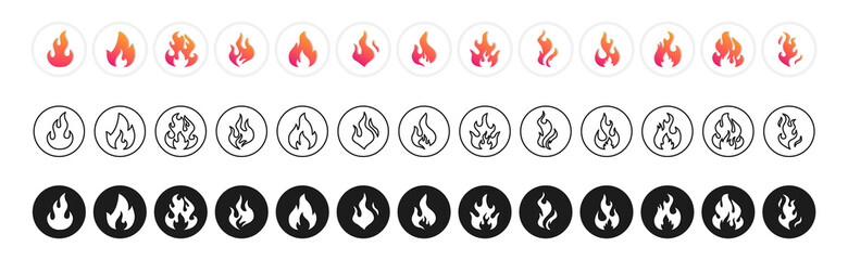 Collection flames of different shapes. Set of Burning Fire, flames vector icons. Flame, Fire Vector signs. Black fire flat vector illustration. Flames icons. Energy and power. Hot flaming.