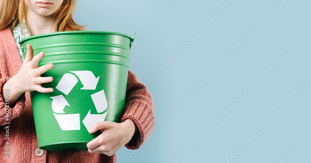 Sticker red-haired girl volunteer advocating for recycling and clean planet. on blue background