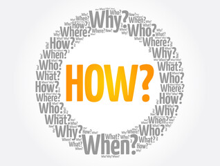 HOW Question word and questions whose answers are considered basic in information gathering or problem solving, word cloud background