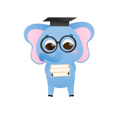 Cute elephant holding books, educational illustration for kids in cartoon style, childish animal character reading books for card or infographics